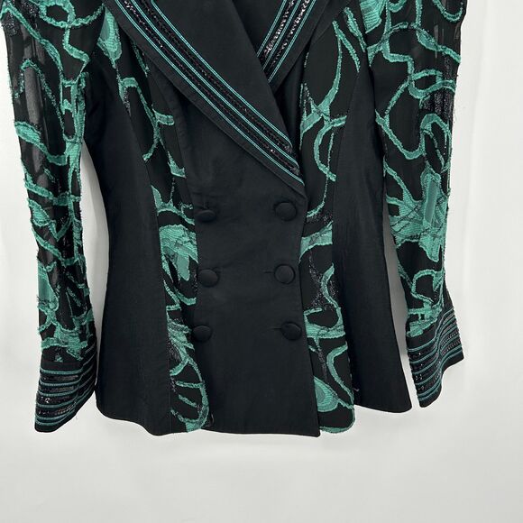 CACHE Vintage Green Black Sequin Embroidered Sheer Sleeve Blazer Jacket Small - Picture 4 of 6